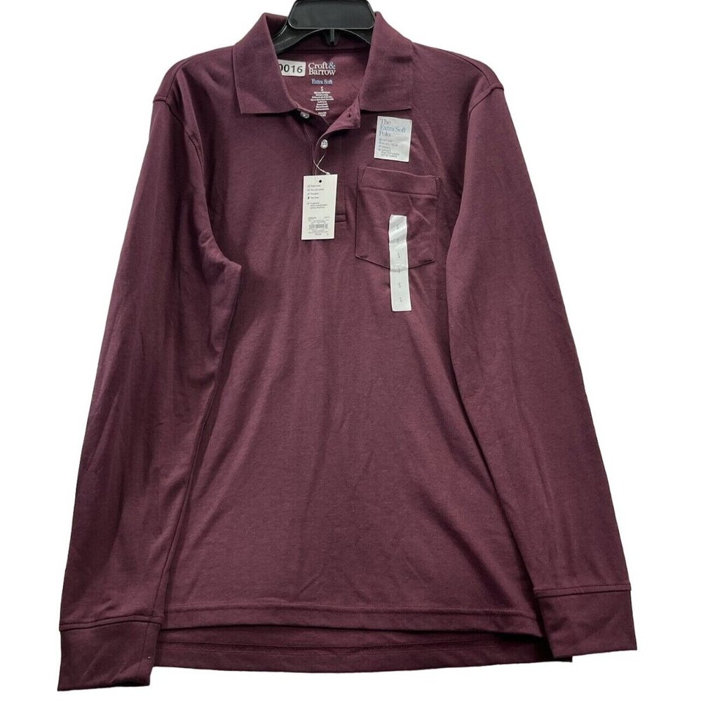 croft and barrow Mens long sleeve Polo size s Color Red Burgandy One Pocket